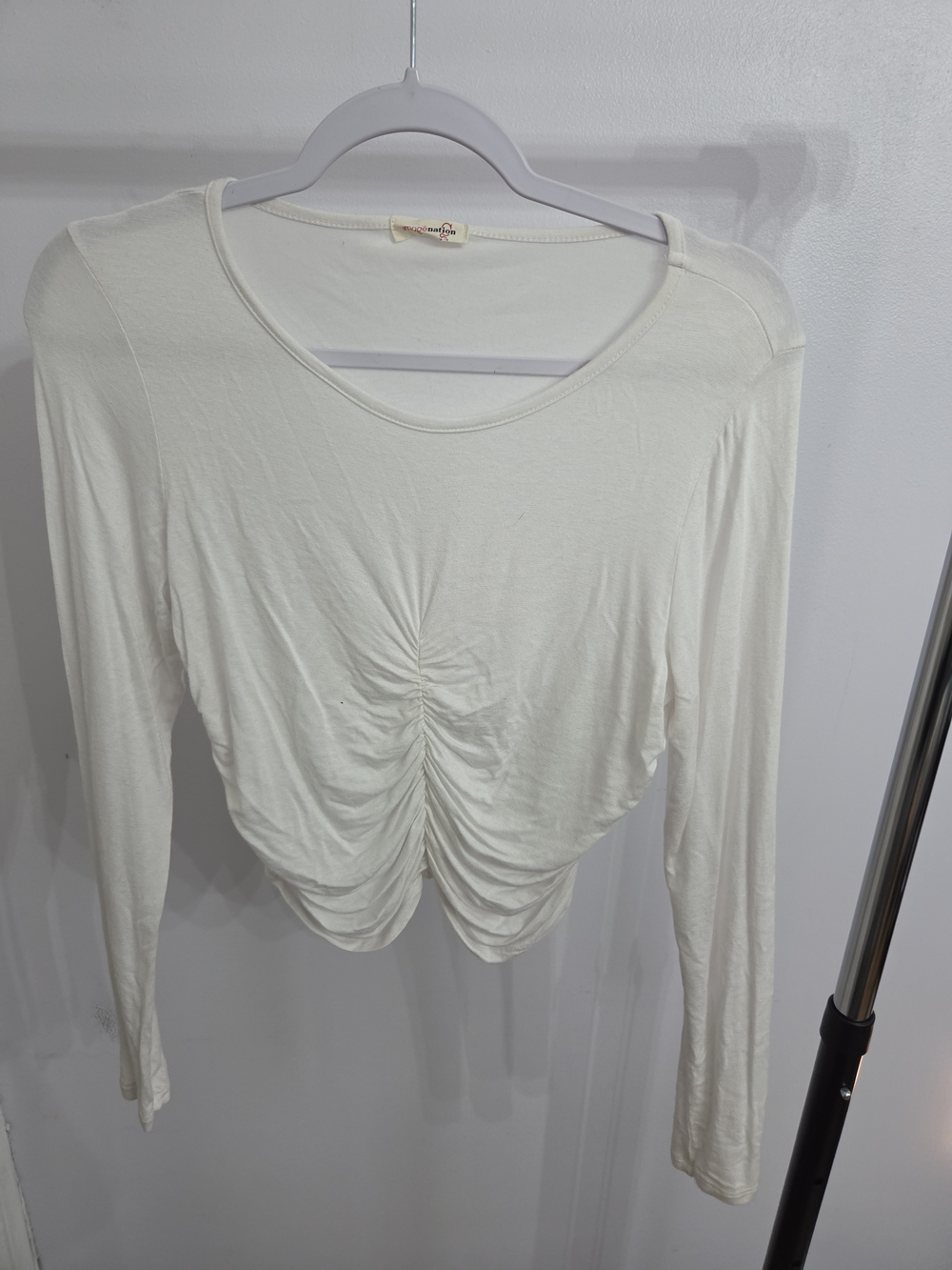 Ruched Front Long Sleeve Crop Top - Cream